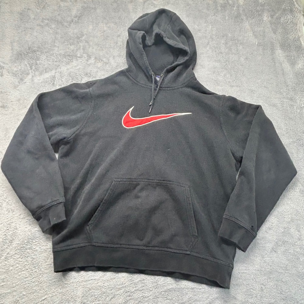 Nike Vintage Pullover Hoodie Black XL Red Embroidered Swoosh Distressed Mens